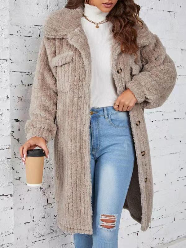 Women's Plain Textured Button Front Pocket Fuzzy Coat without Sweater & Necklace, Casual Bishop Sleeve Collared Plush Outerwear for Fall & Winter, Coats for Women, Basic Clothing for Daily Womenswear