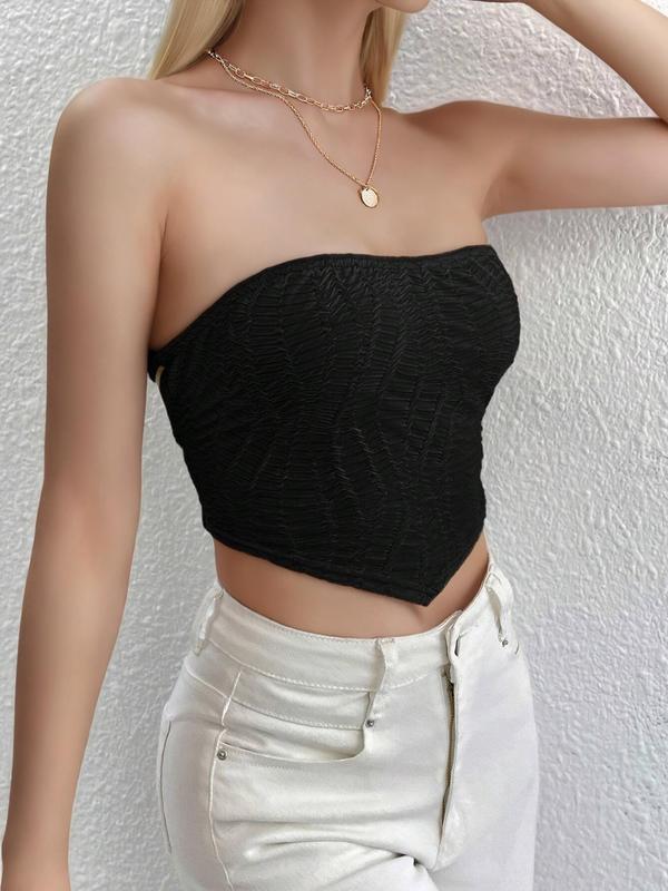 Women's Textured Asymmetrical Lace Up Crop Tube Top, Tube Tops, Solid Hanky Hem Backless Strapless Top for Summer, Fashion Women's Tube Tops for Daily Wear