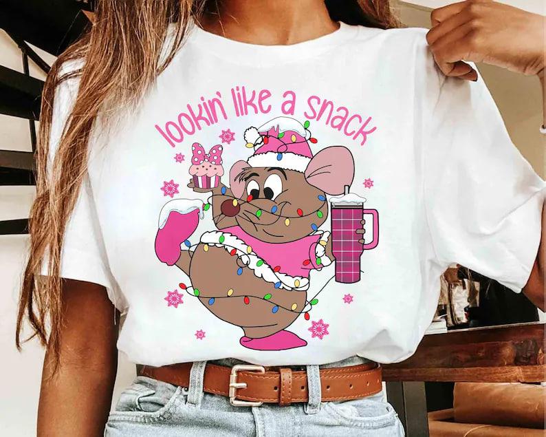 Santa Gus Gus Mouse Pink Christmas Light Sweatshirt, Cute Christmas Crewneck, Family Christmas Sweater, Merry Xmas Party Family Holiday Tee