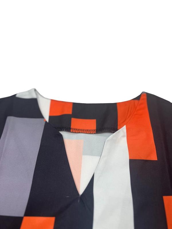 Women's All Over Colorblock Geometric Print Blouse, Casual Notched Neck Short Sleeve Top for Summer, Ladies Clothes for Daily Wear