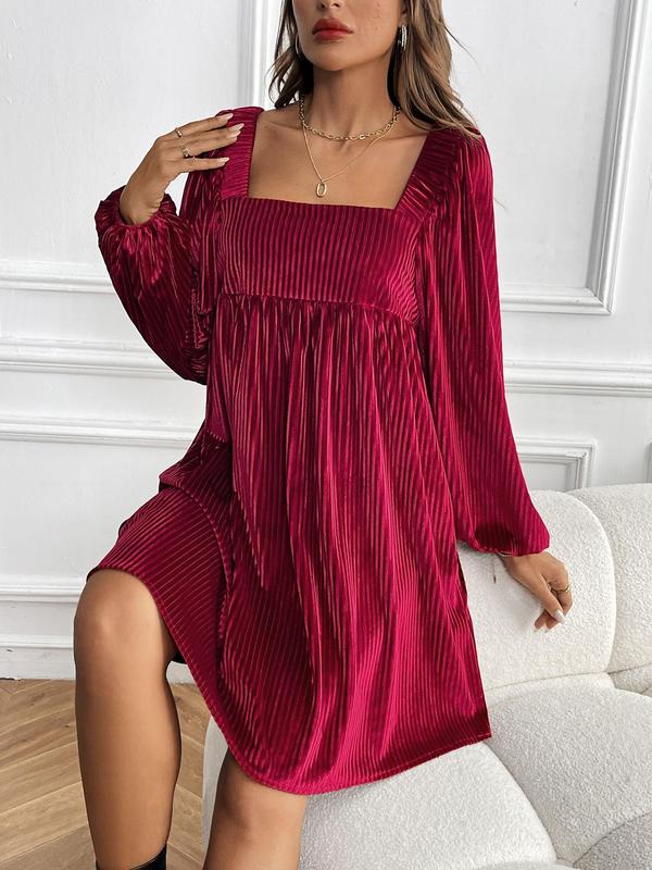 Women's Textured Backless Velvet Smock Dress, Elegant Bishop Sleeve Tie Back Square Neck Short Dress for Party Holiday Wedding Guest, Ladies Spring & Fall Clothes