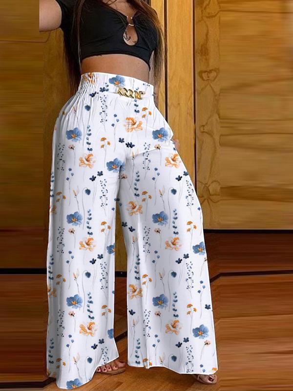 Women's Figure Print Chain Decor Pants, Casual Shirred Wide Leg Trousers,  Pants for Women, Clothes Women, Comfy Pants, Fall Pants for Women Pantaloons