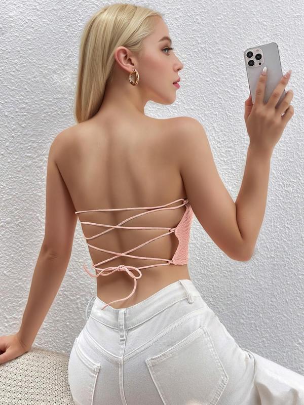 Women's Textured Asymmetrical Lace Up Crop Tube Top, Tube Tops, Solid Hanky Hem Backless Strapless Top for Summer, Fashion Women's Tube Tops for Daily Wear