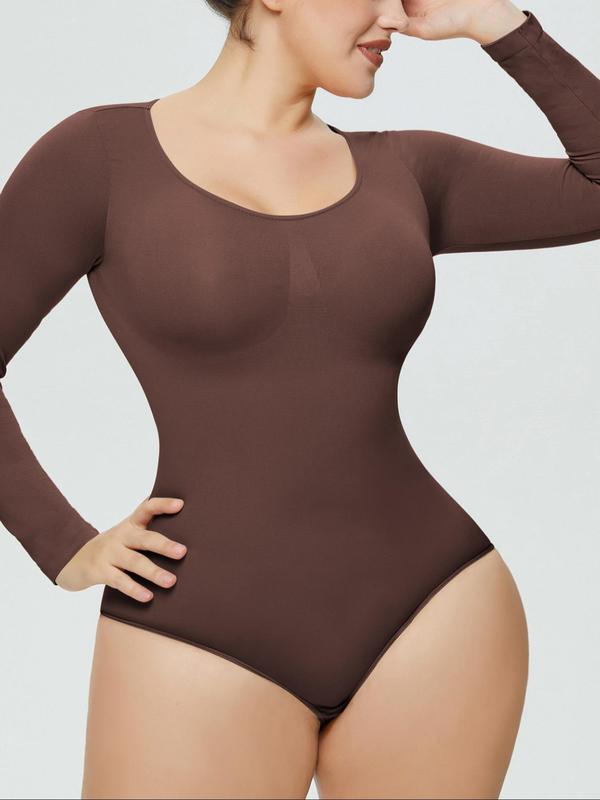 Women's Minimalist Solid Scoop Neck Bodysuit, Casual Long Sleeve Seamless Bodysuit for Daily Wear, Women's Shapewear for Spring & Fall