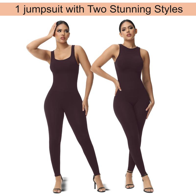 Soo slick Fall Jumpsuit for Women - Reversible Neckline High Neck and Square Neck One Piece Tank Tops Bodycon Sleeveless Jumpsuit Fit Nylon Spandex Womenswear Casual fall fashion clothing