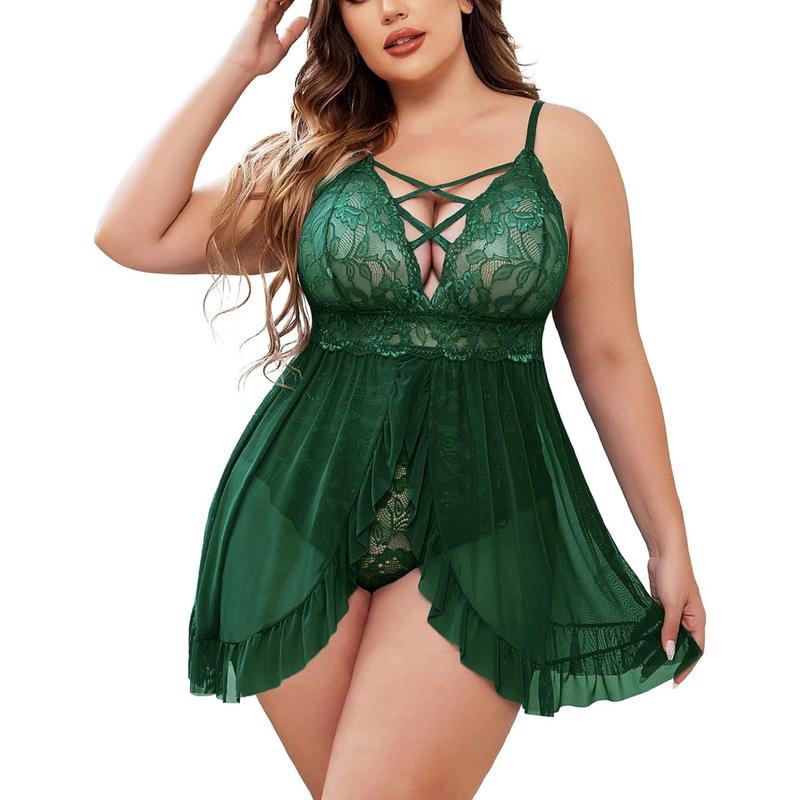 Plus size lingerie for women sexy crotch babydoll lace chemise curvy strappy ruffle L ~ 4XL