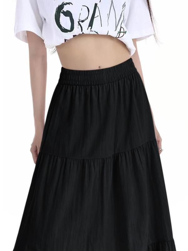 Women's Solid Ruffle Hem High Waist Skirt, Casual Elastic Waist A Line Long Skirt, Ladies Bottoms for All Seasons