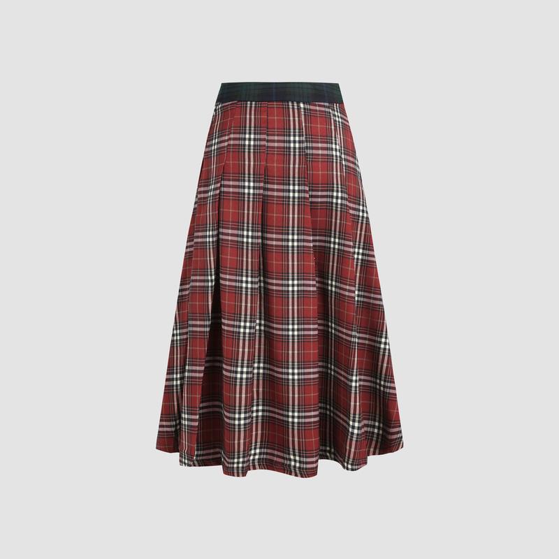 Cider [size 2-26] Mid Waist Patched Check Buckle Maxi Skirt