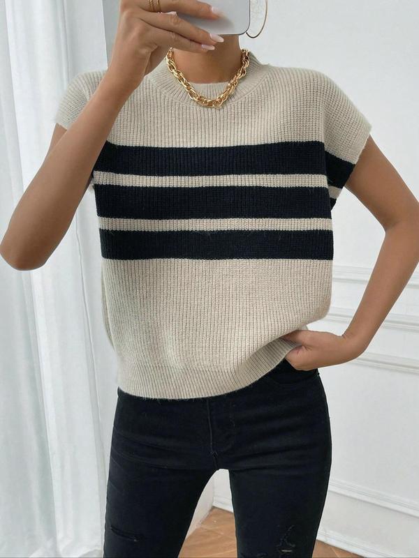 Women's Colorblock Striped Print Round Neck Sweater Vest, Casual Sleeveless Crew Neck Knit Top for Fall & Winter, Fashion Ladies' Knitwear for Daily Wear