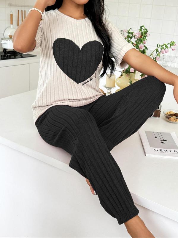 Women's Ribbed Pajama Set, Casual Heart Patchwork Embroidery Sleep Top & Plain Elastic Waist Pj Pants, Loungewear Summer Clothes Women, Lady Shortsleeve Homewear, Lounge Set, Comfort Sleepwear Set for Womenswear