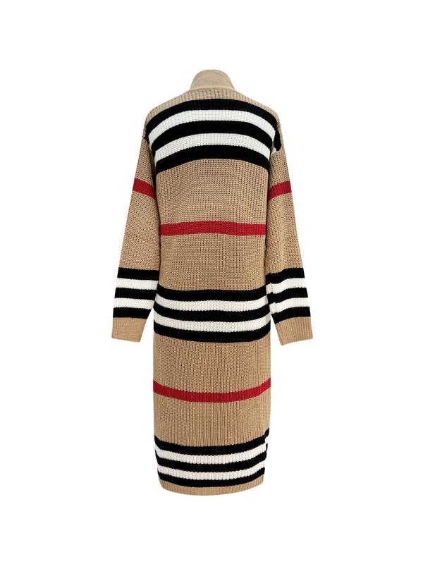  Striped Print Drop Shoulder Long Cardigan, Casual Long Sleeve Open Front Knitwear for Fall & Winter, Gift Set, Women's Plus Clothing for Daily Wear, Fall Outfits, Fallfreshness, Fall Women's Clothing, Fall Sweaters