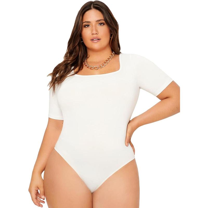 Plus Size Bodysuit Scoop Neck Short Sleeve T Shirts Skinny One Piece Bodysuit Summer Basic Tops