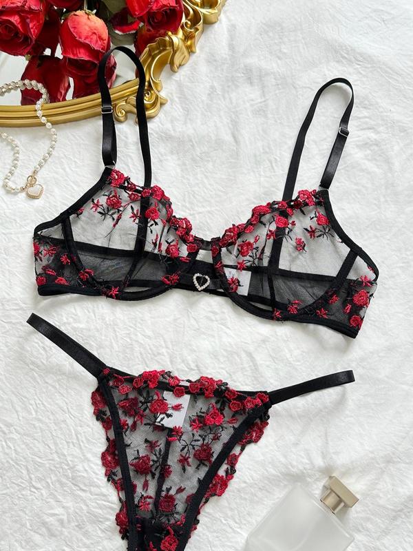 Women's Embroidered Sheer Sexy Lingerie Set, Romantic Adjustable Strap Bra & Thong, Summer Wear 2024, Women Sexy Lingerie, Underwear Sets, Bridal Underwear