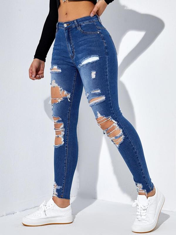  Ripped Button Fly Skinny Jeans, Casual Comfy Pocket Denim Pants for Daily Wear, Women's Bottoms for All Seasons