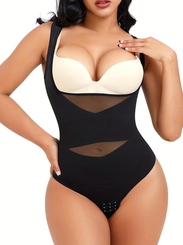 Womenswear Contrast Mesh Comfort Thong Design Shapewear Bodysuit, High Stretch U Neck Tummy Control Shapewear Clothing, Ladies Body Shapewear for Daily Wear