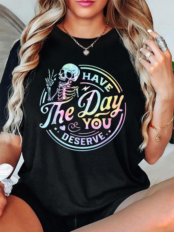 Women's Skeleton & Letter Print Round Neck Tee, Fashion Casual Short Sleeve T-shirt, Ladies Summer Clothes for Daily Wear