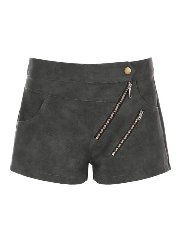 Women's Solid Color Button Fly Pocket PU Shorts, Fashion Casual Zipper Shorts for Daily Outdoor Wear, Ladies Bottoms for Summer