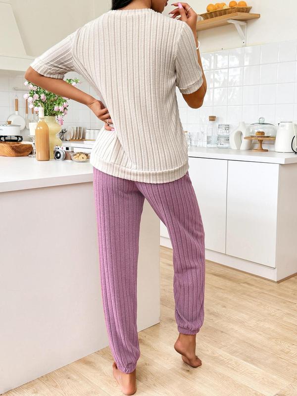 Women's Ribbed Pajama Set, Casual Heart Patchwork Embroidery Sleep Top & Plain Elastic Waist Pj Pants, Loungewear Summer Clothes Women, Lady Shortsleeve Homewear, Lounge Set, Comfort Sleepwear Set for Womenswear