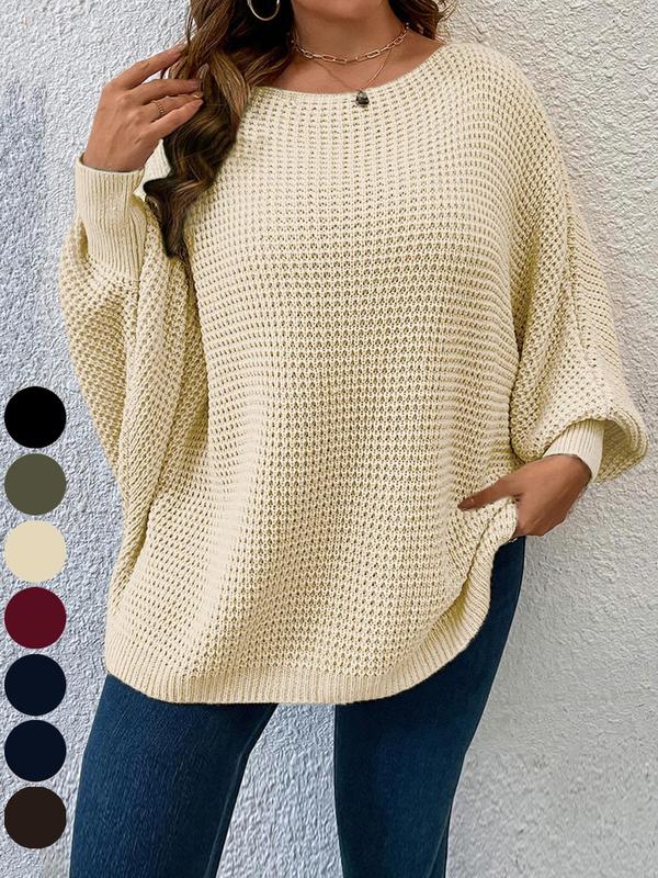  Solid Batwing Sleeve Boat Neck Sweater, Fall Outfits, Casual Long Sleeve Jumper for Fall, Women's Plus Clothing for Daily Wear, Back To School Outfit