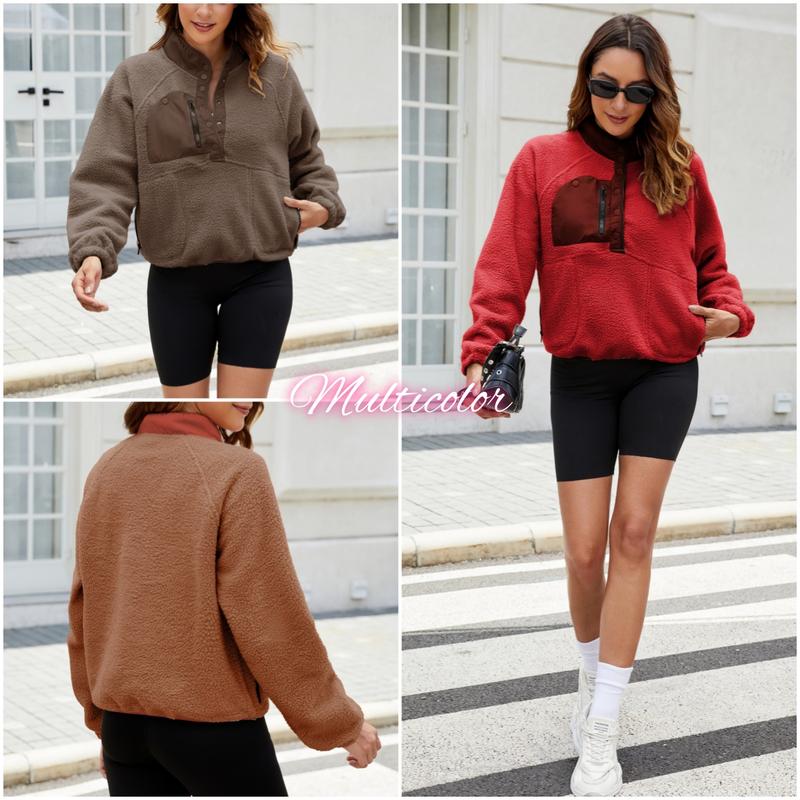 Yeokou Women’s Lightweight Fleece Pullover Jacket Cropped Fall Winter Fuzzy Sherpa Jacket Sweatshirt Coat with Pockets