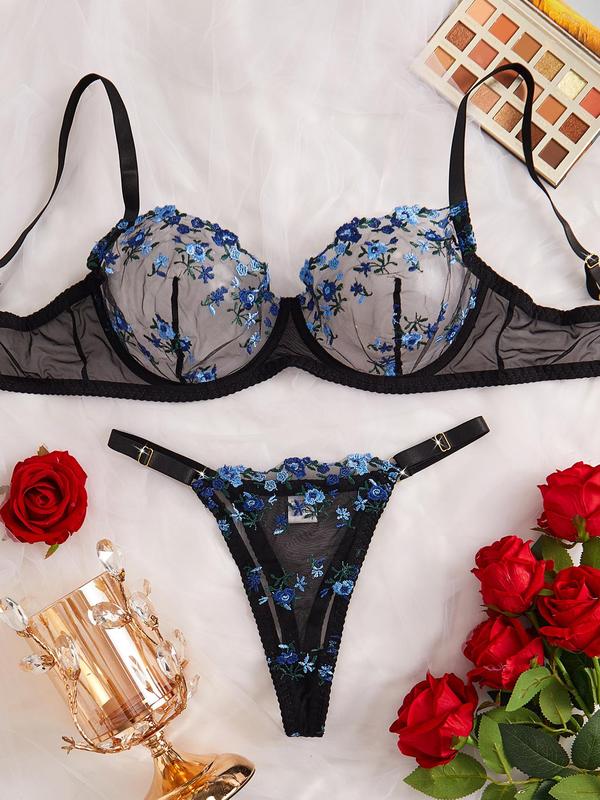  Ditsy Floral Embroidery Sheer Lingerie Two-Piece Set, Adjustable Strap Push Up Bra & Thong Set, Women's Lingerie Set for All Seasons