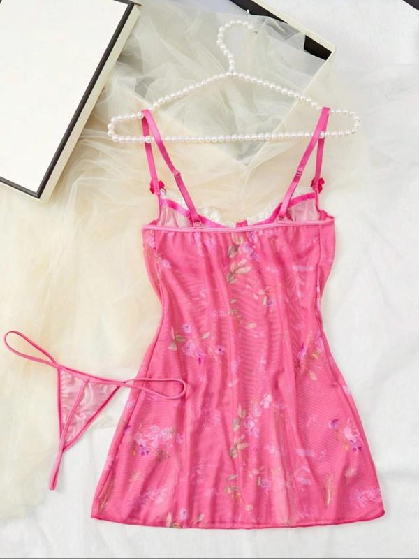 Women's Floral Print Contrast Lace Cami Nightdress & Thong Sexy Lingerie Set, Bow Decor Spaghetti Strap Nightgown & Panty, Ladies Sleepwear for All Seasons