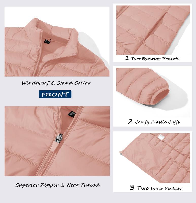 Women's Puffer Jacket Lightweight Quilted Padded 4 Pockets Zip-up Stand-collar Winter Fleece Coat