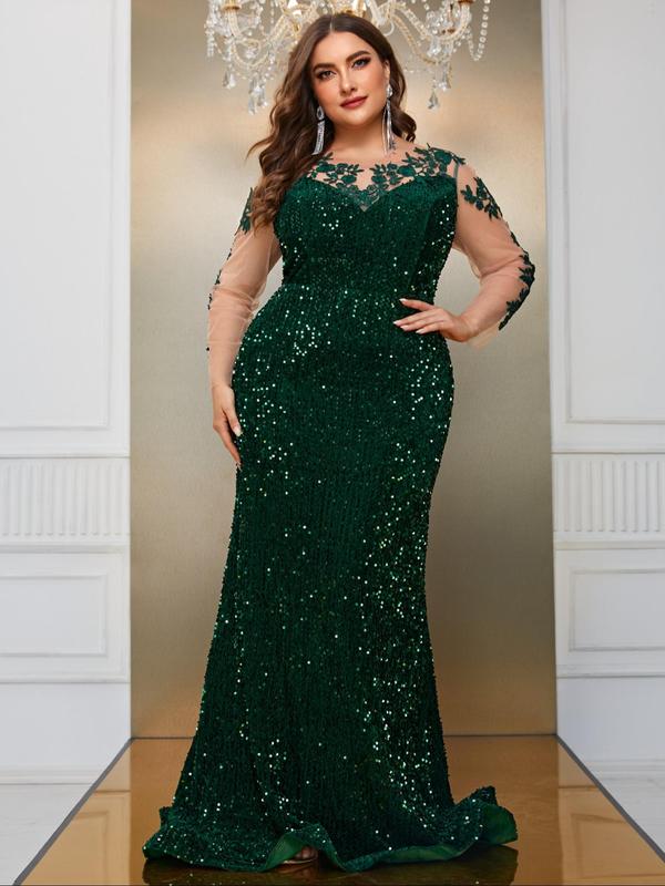 Plus Size Glitter Sequins Embroidery Sheer Contrast Mesh Sleeve Mermaid Evening Dress, Plus Elegant Long Sleeve V Neck Maxi Party Gown, Women's Plus Clothes for Spring & Fall