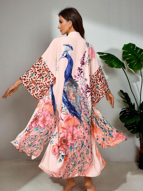  Peacock & Floral Print Belted Wrap Kimono Cardigan, Casual Three Quarter Length Sleeve Split Hem Kimono Cardigan, Women's Summer Swimwear for Beach Holiday Vacation