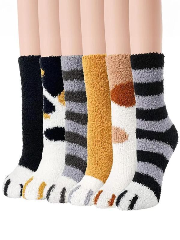 Women's Colorblock Striped & Cartoon Cat Paw Print Fuzzy Socks, Casual Soft Comfortable Crew Socks for Fall & Winter, Women's Socks for Daily Wear, Fall Wear, Fallfreshness Socks