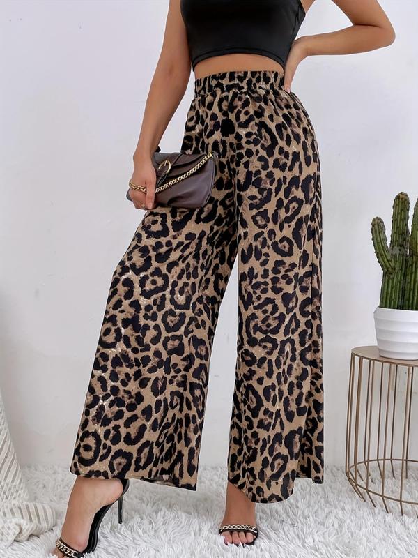 Women's Leopard Print Elastic Waist Wide Leg Pants, Casual High Waist Trousers, Ladies Bottoms for Daily Wear