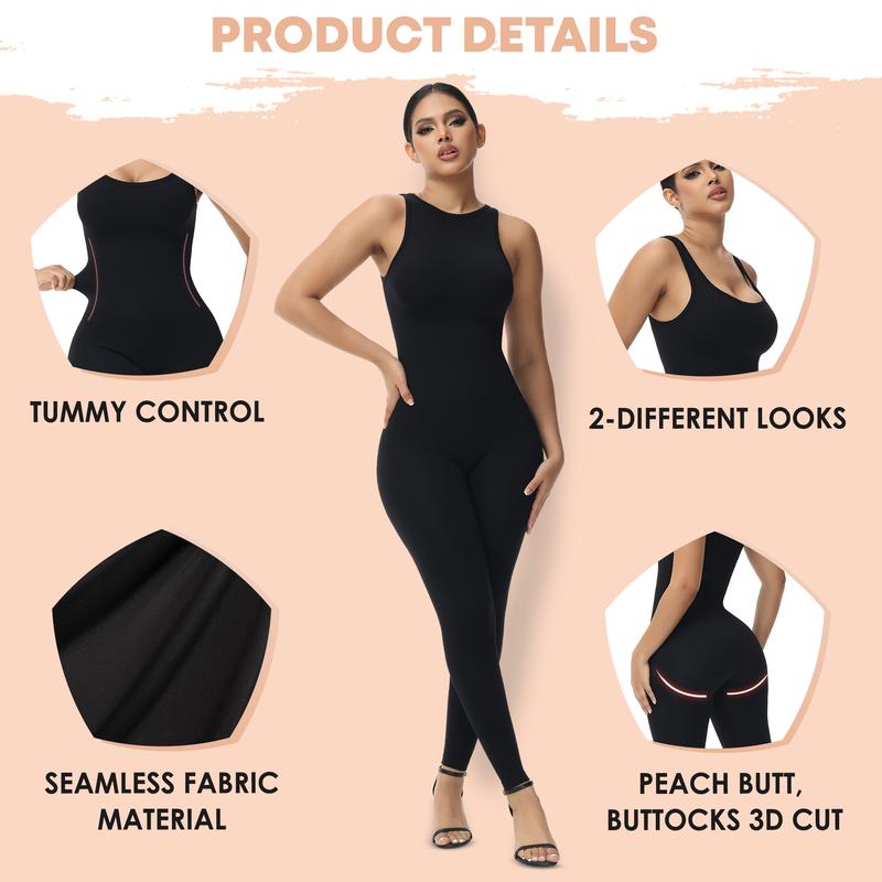 Soo slick Fall Jumpsuit for Women - Reversible Neckline High Neck and Square Neck One Piece Tank Tops Bodycon Sleeveless Jumpsuit Fit Nylon Spandex Womenswear Casual fall fashion clothing