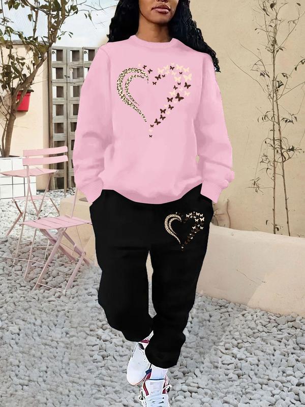 Women's Butterfly Heart Print Sweatshirt & Pocket Sweatpants Set, Casual Round Neck Long Sleeve Pullover & Jogger Pants, Women's Fall & Winter Outfits