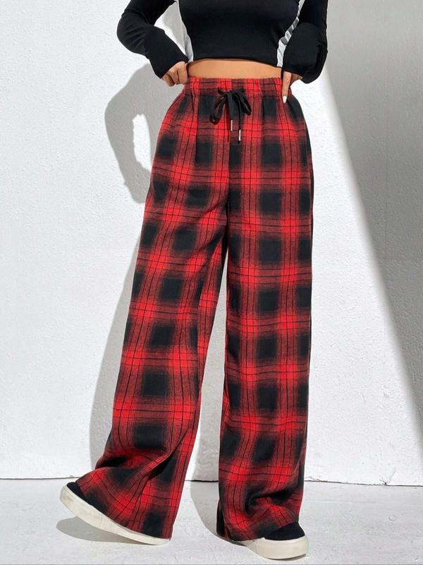 Women's Plaid Print Drawstring Waist Wide Leg Pants, Casual Comfy Elastic Waist Trousers for Daily Wear, Ladies Bottoms for All Seasons