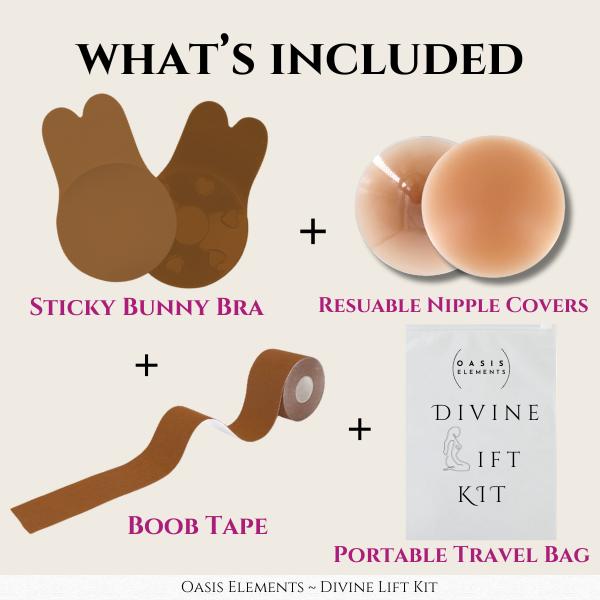 Divine Lift Kit - REUSABLE Sticky Bunny Bra with Boobtape and REUSABLE Silicone Nipple Covers - Breasts Coverage A-G Cup in Brown - Ultimate Breast Lift Set  -Portable Travel Bag outfit enhancer Invisible Push-Up Skin  Waterproof