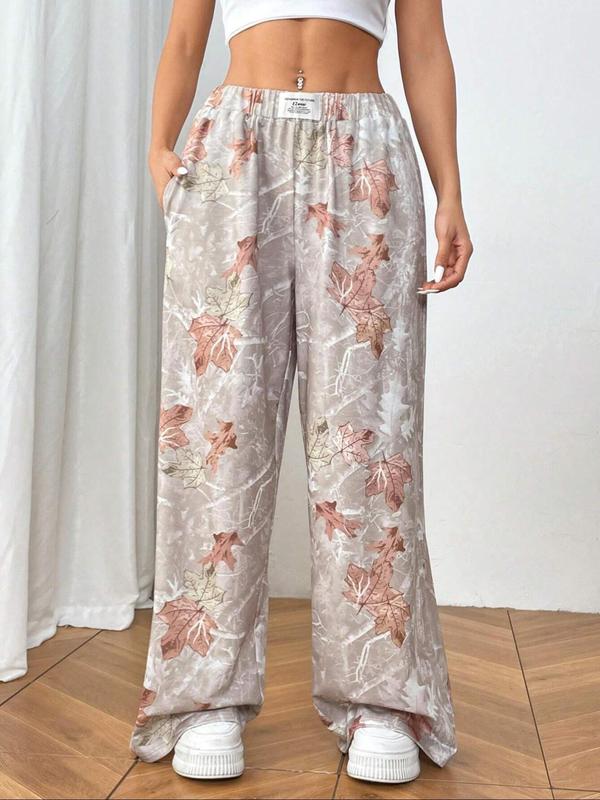 Women's Leaf Print Patched Pocket Wide Leg Pants, Casual Comfy Trousers for Daily Wear, Ladies Bottoms for All Seasons