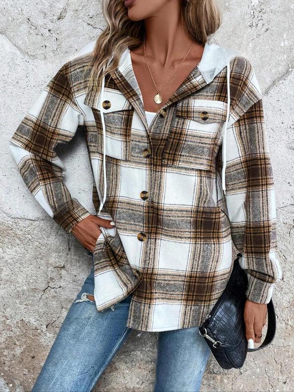 Women's Plaid Print Button Front Drawstring Hooded Shirt, Casual Long Sleeve Pocket Hooded Top for Fall & Winter, Women's Clothes for Daily Wear