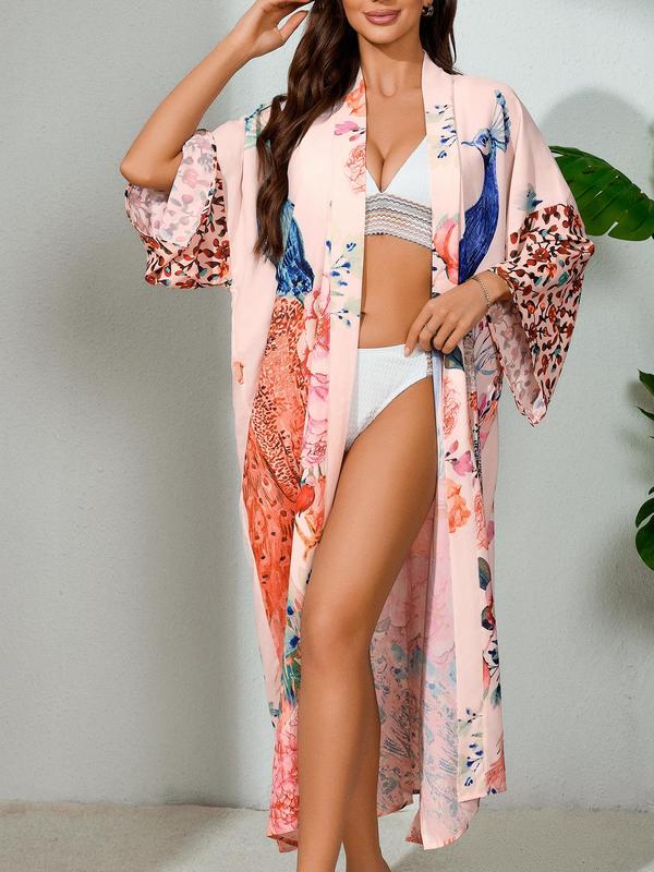  Peacock & Floral Print Belted Wrap Kimono Cardigan, Casual Three Quarter Length Sleeve Split Hem Kimono Cardigan, Women's Summer Swimwear for Beach Holiday Vacation