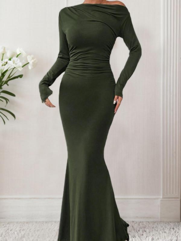 Women's Plain Asymmetrical Neck Ruched Mermaid Dress, Elegant Long Sleeve Maxi Dress, Ladies Spring & Fall Clothes for Party Banquet