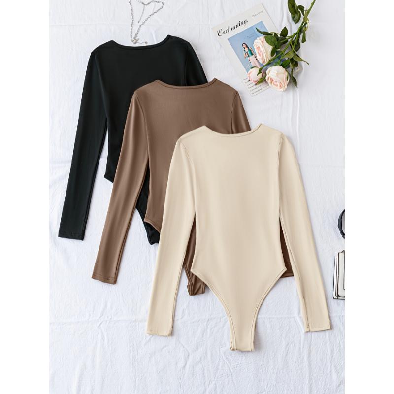 2024 Fashion wear Solid Crew Neck Bodysuit 3-Pack, Casual Long Sleeve Bodysuit, Women's Crochet Tops Crewneck