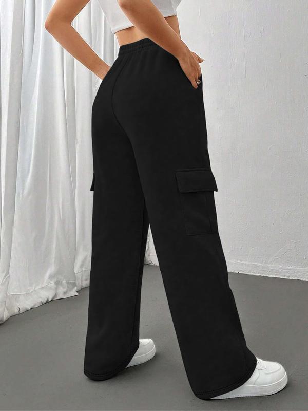 Women's Solid Flap Pocket High Waist Straight Leg Pants, Casual Elastic Waist Pocket Trousers for Daily Wear, Ladies Bottoms for Fall