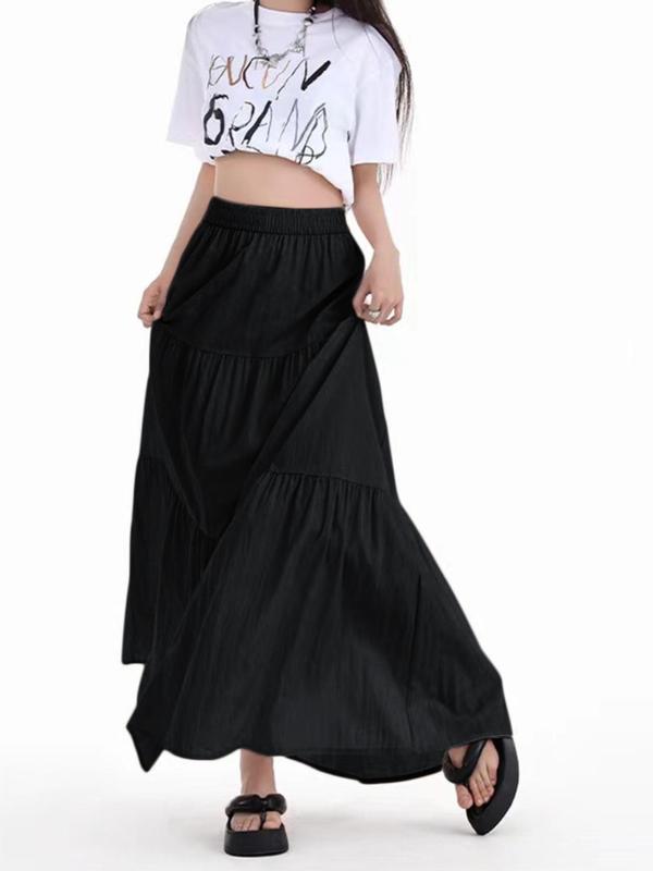 Women's Solid Ruffle Hem High Waist Skirt, Casual Elastic Waist A Line Long Skirt, Ladies Bottoms for All Seasons