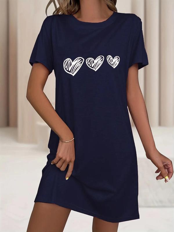 Plus Size Heart Print Round Neck Nightdress, Casual Soft Comfortable Short Sleeve Nightgown for Women, Women's Sleepwear for All Seasons