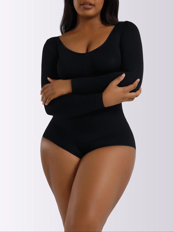 Women's Minimalist Solid Scoop Neck Bodysuit, Casual Long Sleeve Seamless Bodysuit for Daily Wear, Women's Shapewear for Spring & Fall