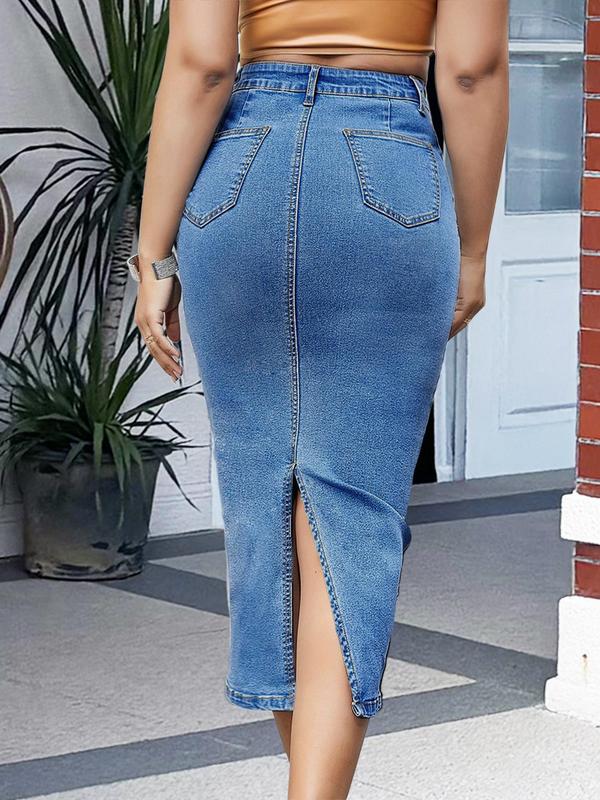 Women's Plain Split Thigh Button Front Denim Skirt, Casual Fashion Pocket Design Bodycon Skirt for Daily Wear, Ladies Bottoms for All Seasons