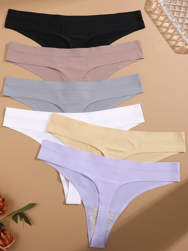 Women's Solid Color Seamless Drop Waist Thongs, Korean Wear, 6pcs Casual Comfy Breathable Panty, Ladies Underwear for All Seasons, Korean Streetwear