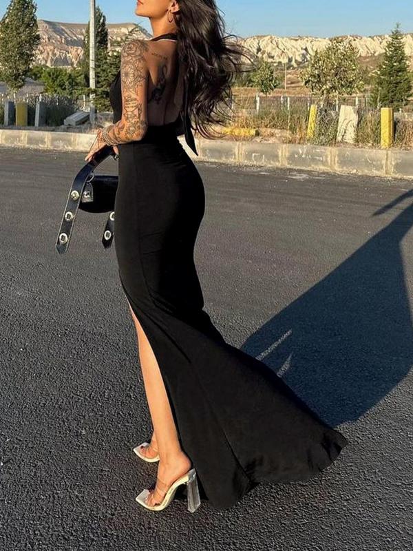 Women's Solid Backless Split Thigh Tie Back Mermaid Dress, Elegant Halter Neck Maxi Dress for Evening Party, Ladies Summer Clothes