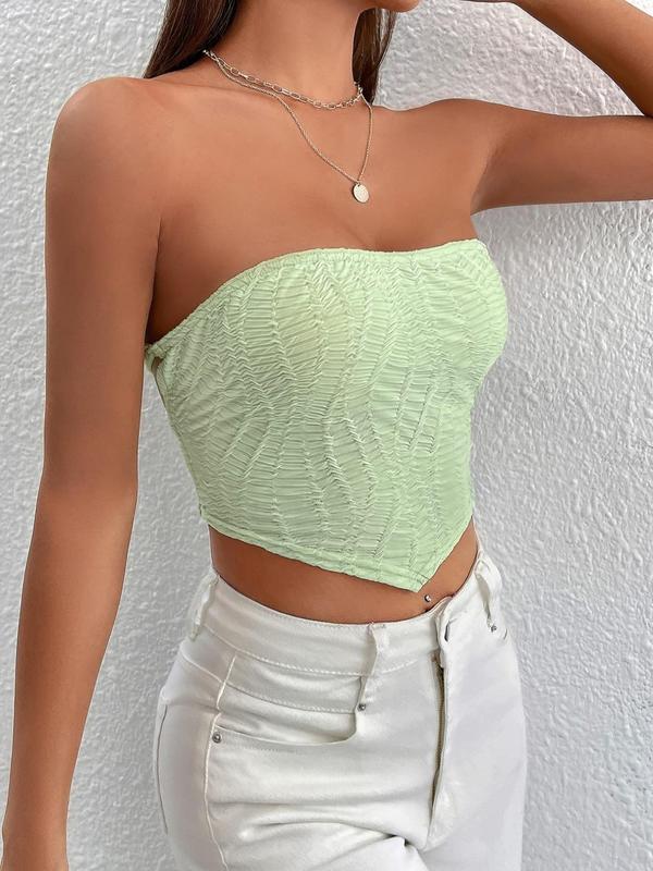 Women's Textured Asymmetrical Lace Up Crop Tube Top, Tube Tops, Solid Hanky Hem Backless Strapless Top for Summer, Fashion Women's Tube Tops for Daily Wear