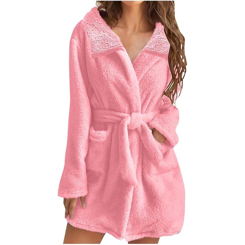 Women's Fuzzy Robe Lapel Bathrobe Belted Bath Robes Plush Outfits Pockets Nightgowns