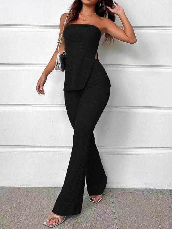 Two-Piece Set Women's Solid Split Hem Tube Top & High Waist Pants Set, Elegant Fashion Casual Two Piece Outfits for Daily Outdoor Wear, Ladies Clothes for Summer, Downtown Girl Clothes, Going Out Tops 2000s